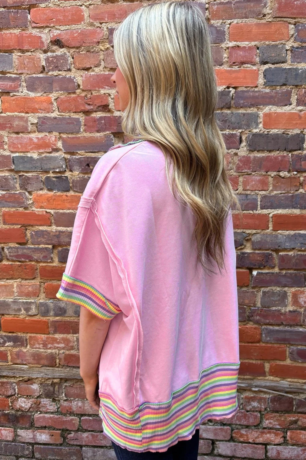 Rainbow Stripe Ribbed Patchwork Oversize Polo Tee