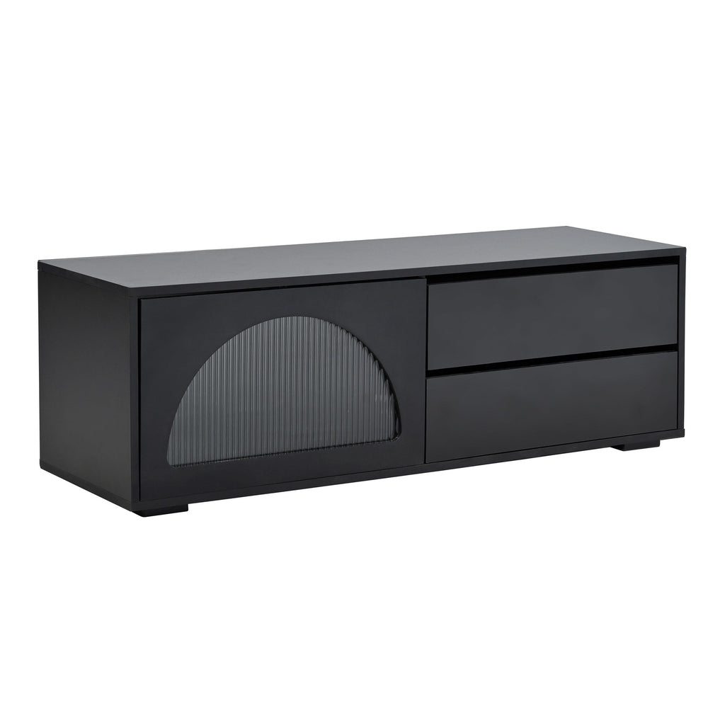 ON-TREND Modern TV Stand with Fluted Glass Door for TVs Up to 100', Media Console with Sliding Door & 2 Drawers, Free-Combination Entertainment Center with LED Light for Living Room, Bedroom, Black