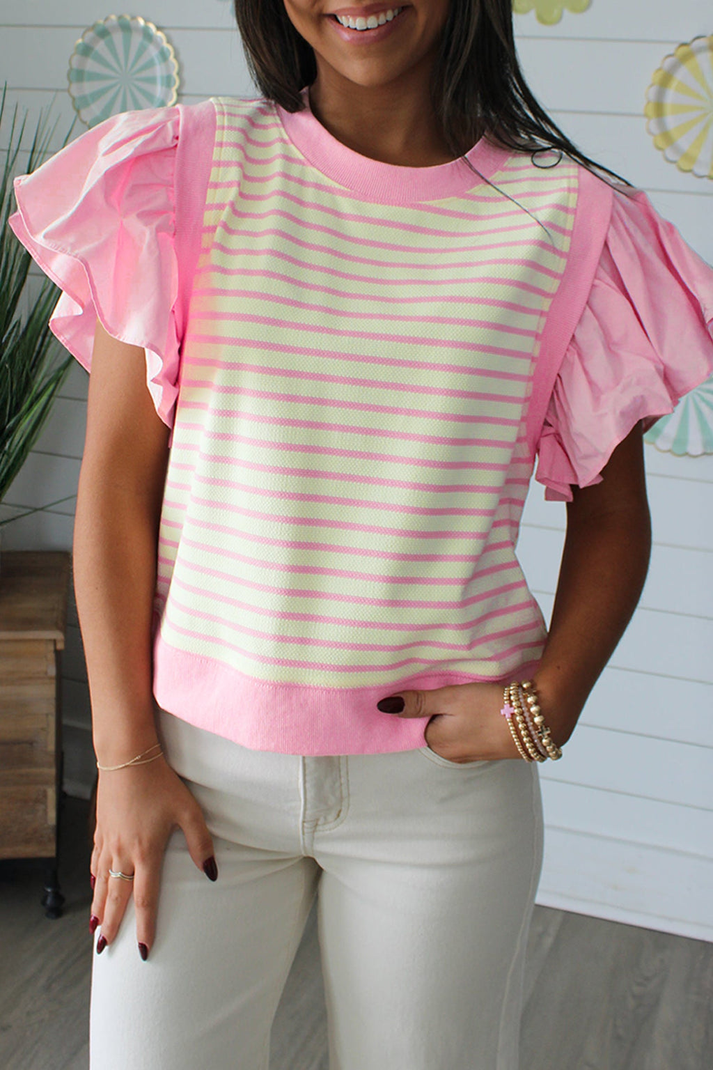 Stripe Patchwork Ruffle Short Sleeve Blouse