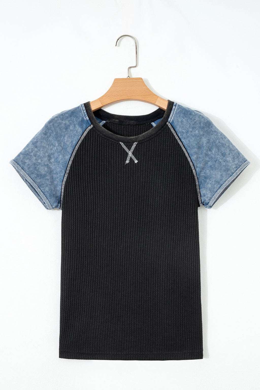 Colorblock Waffle Knit Patchwork Short Sleeve Top