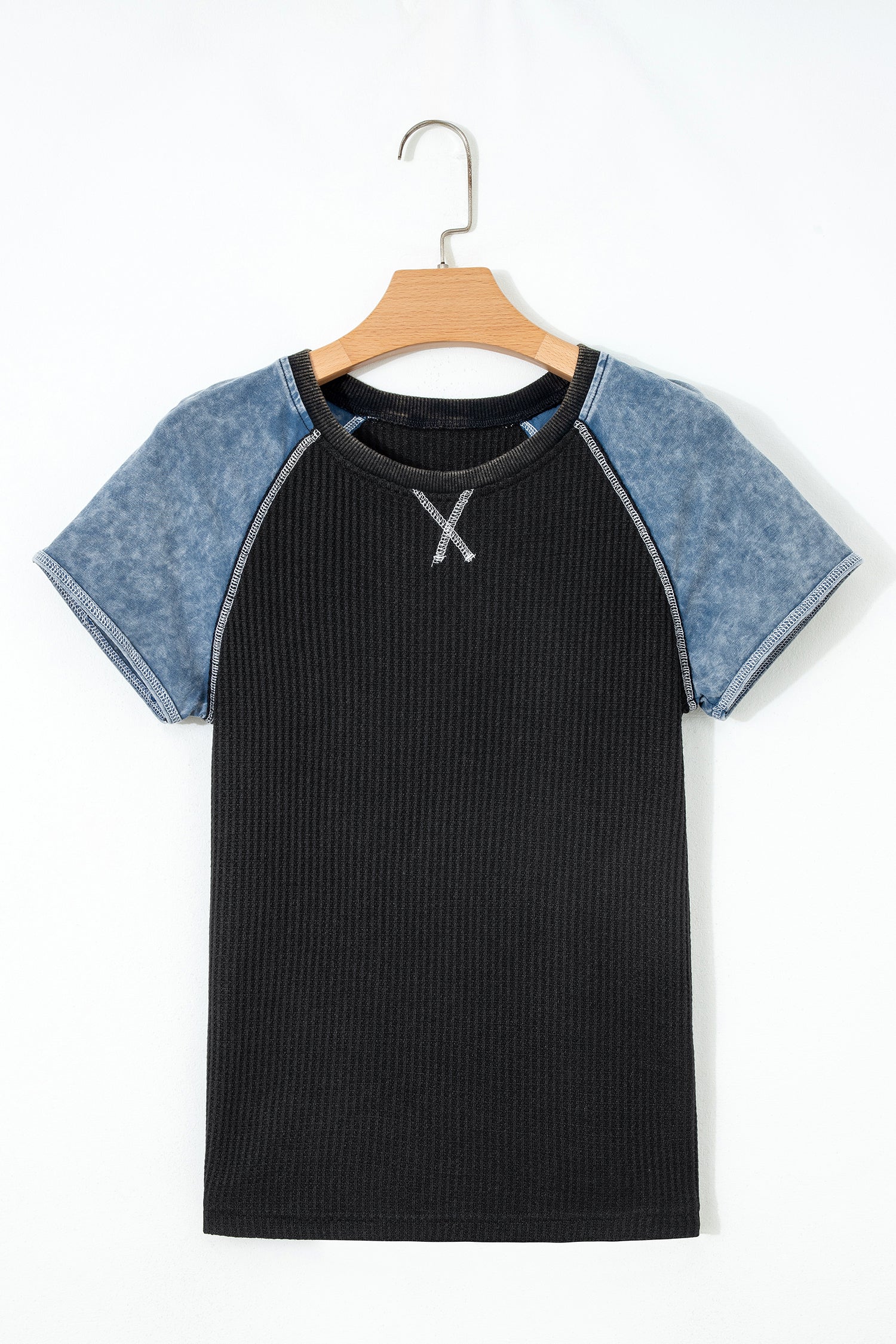 Colorblock Waffle Knit Patchwork Short Sleeve Top