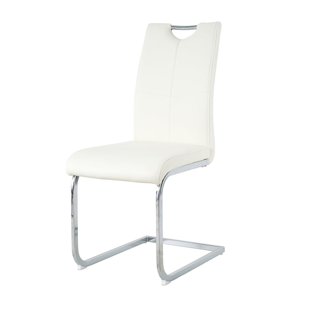 Modern style glass dining table, elegant transparent design, sturdy stainless steel base, white dining chairs set, electroplated chair legs, suitable for dining room and kitchen (set of 7)