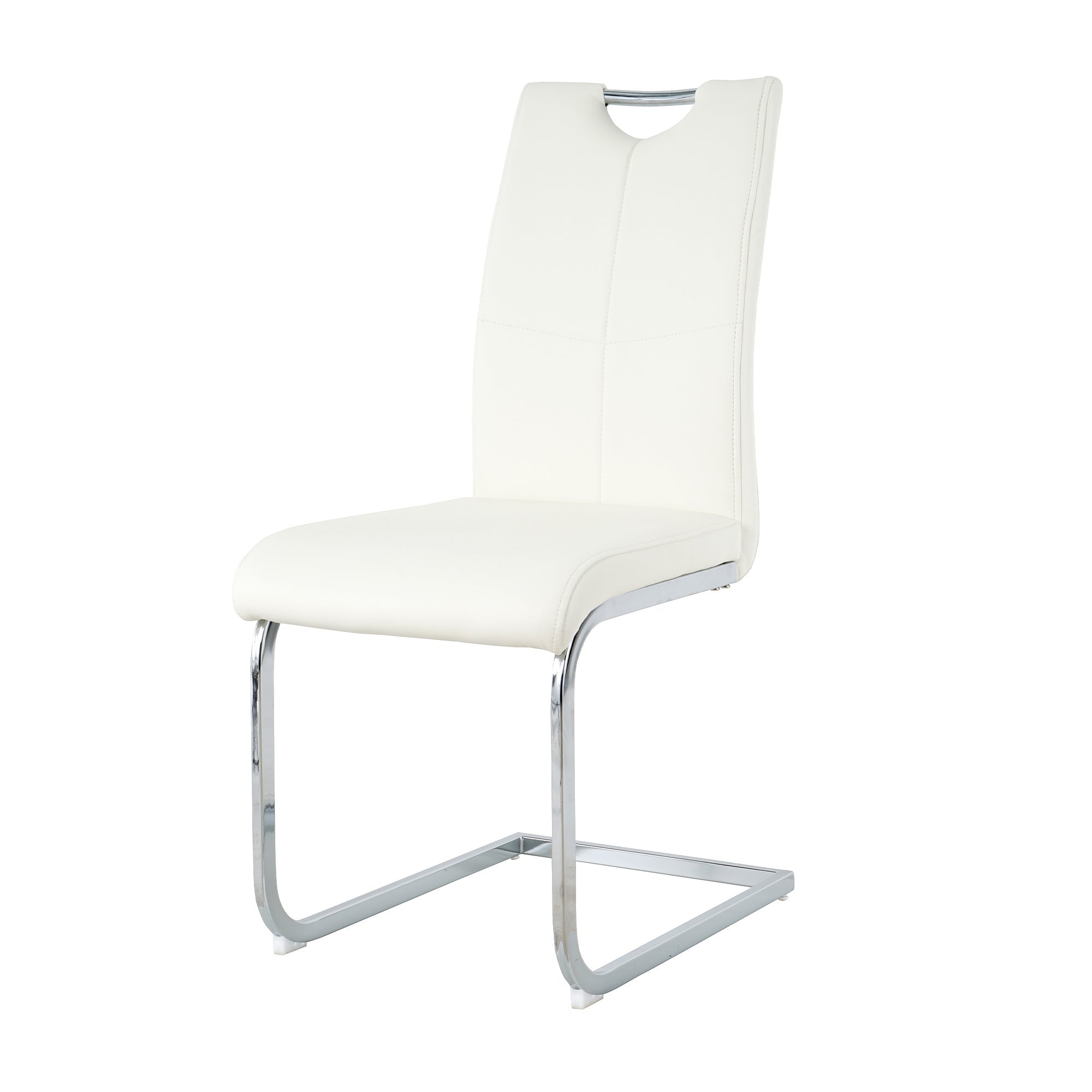 Modern style glass dining table, elegant transparent design, sturdy stainless steel base, white dining chairs set, electroplated chair legs, suitable for dining room and kitchen (set of 7)
