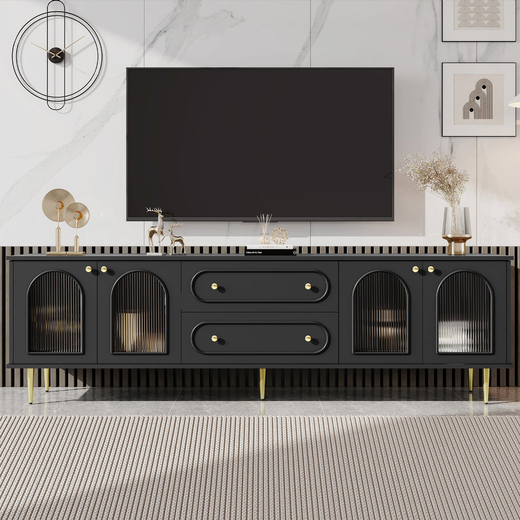 U-Can 78.7'' Modern TV Stand, TV Cabinet with Five Metal Legs and Metal Handles, 2 Drawers and 2 Cabinets with Fluted Glass Doors For Living room, Up to 80'' (Old SKU: SJ000122AAB)