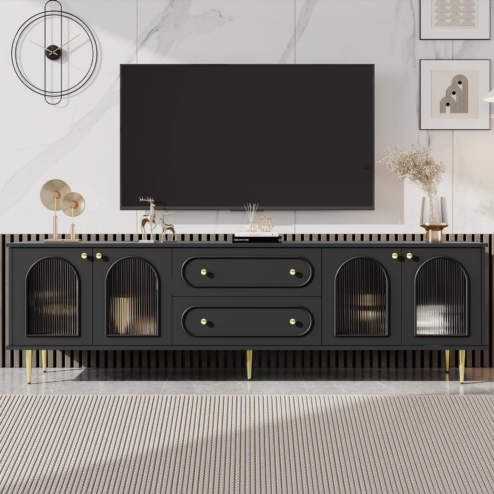 U-Can 78.7'' Modern TV Stand, TV Cabinet with Five Metal Legs and Metal Handles, 2 Drawers and 2 Cabinets with Fluted Glass Doors For Living room, Up to 80'' (Old SKU: SJ000122AAB)