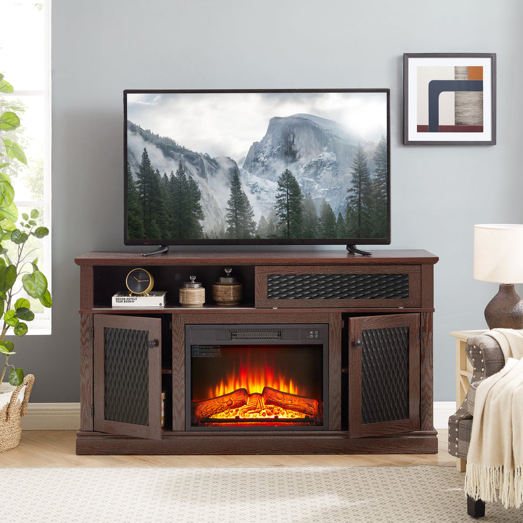 Embossed Pattern TV Stand with 23' fireplace insert,, TV and Media Console with Open and Closed Storage Space and sliding door for Living Room & Bedroom, Dark Cherry, 58.27'W*15.35'W*31.7H