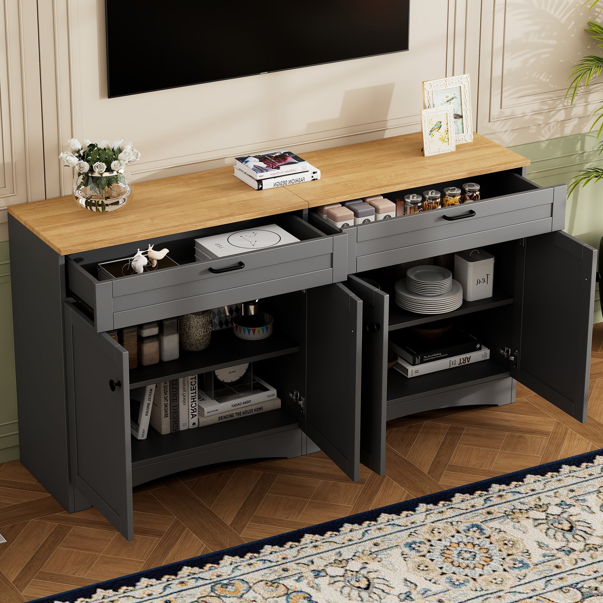 ON-TREND Farmhouse TV Stand with 2 Drawers for TVs Up to 70', Versatile Wood Grain Sideboard with Adjustable Shelves, Mid-Century Buffet Cabinet with Rustic Handles for Living Room/Bedroom, Grey