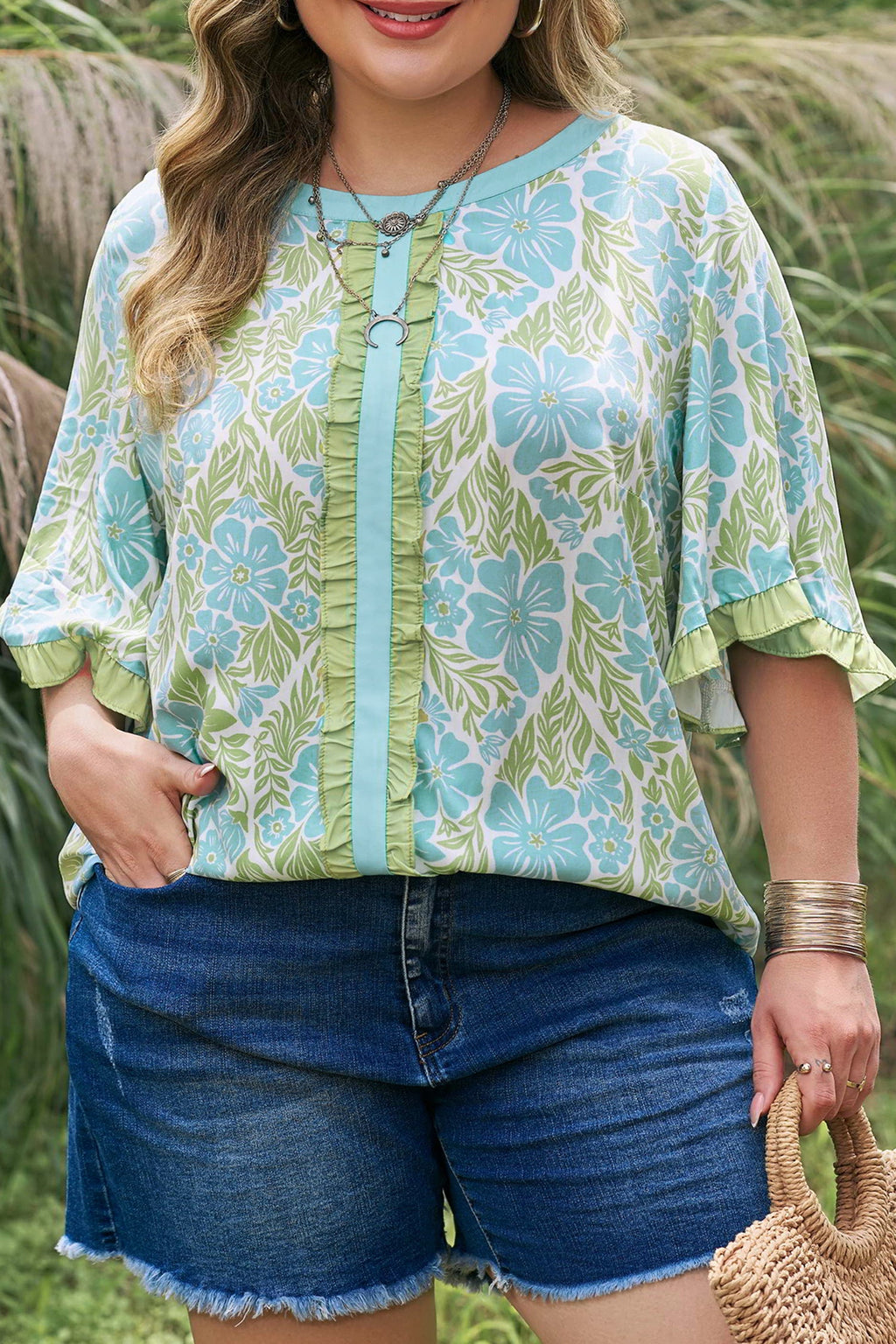 Plus Size Floral Frilled Colorblock Trim Blouse
