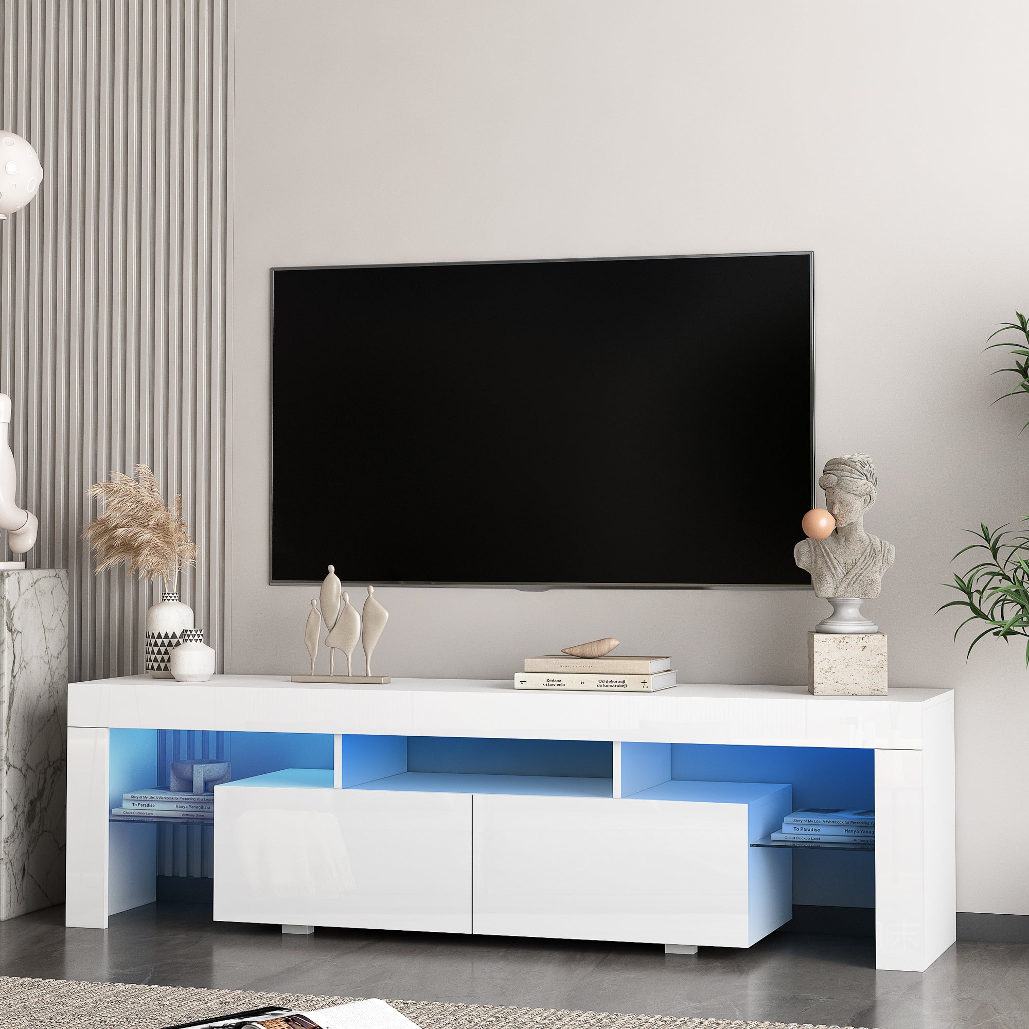 High gloss TV Stand with LED Lights for TVs up to 65'', Modern TV Console with Storage Cabinets for Living Room