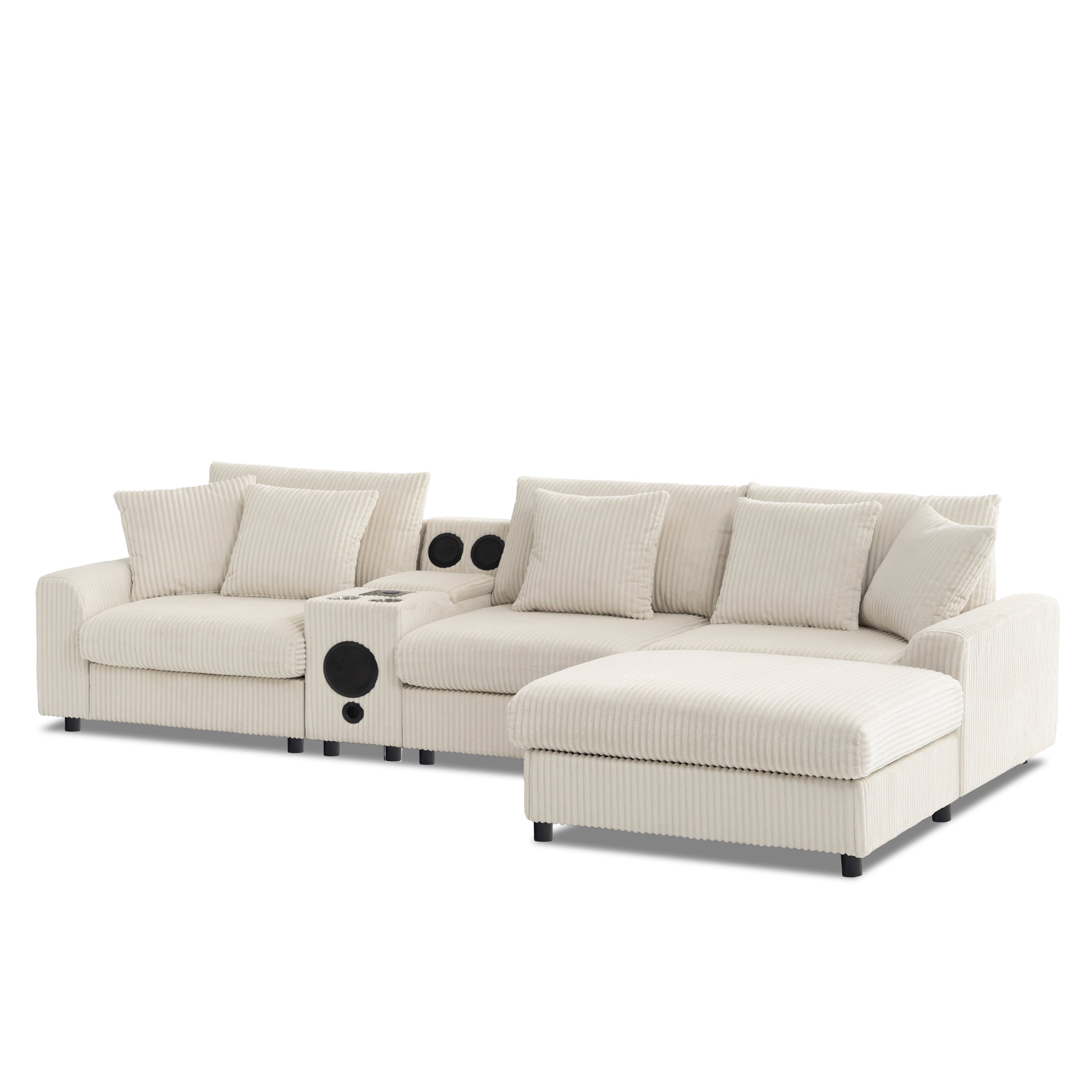 Modular Corduroy Sectional Sofa with Bluetooth Speakers, USB Charger, Cup Holders, Storage, Ottoman, 114*64'' Cream