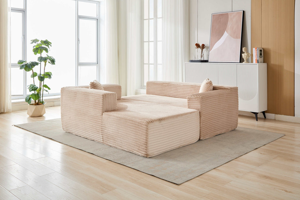 Compression Sectional Couch with Comfy Chaise, Boneless L Shape Sofa with Deep Seat, Minimalist Modular Couches Sleeper for Living Room Bedroom Apartment Lounge,corduroy,Beige