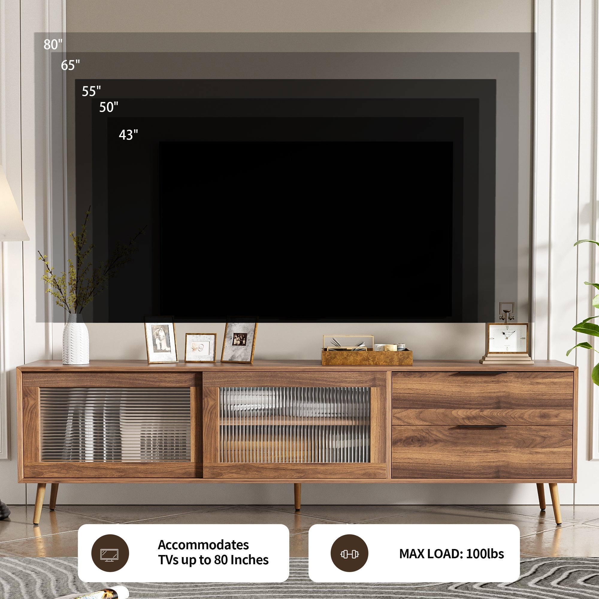 Modern TV Stand for 75'+ TV, TV Console with 2 Glass Doors, Entertainment Center with 2 Drawers & Storage Cabinet, 70' Media Console Table for Living Room, Bedroom