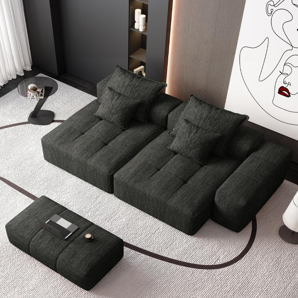 Modern Oversized Modular Sectional Sofa with 2 Chaise Lounge and 2 Armrest, Sparkling Chenille Fabric Soft Cushion Sofa with 4 Pillows, 4 PCS DIY Combination Tufted Sofa, No Assembly Required, BLACK
