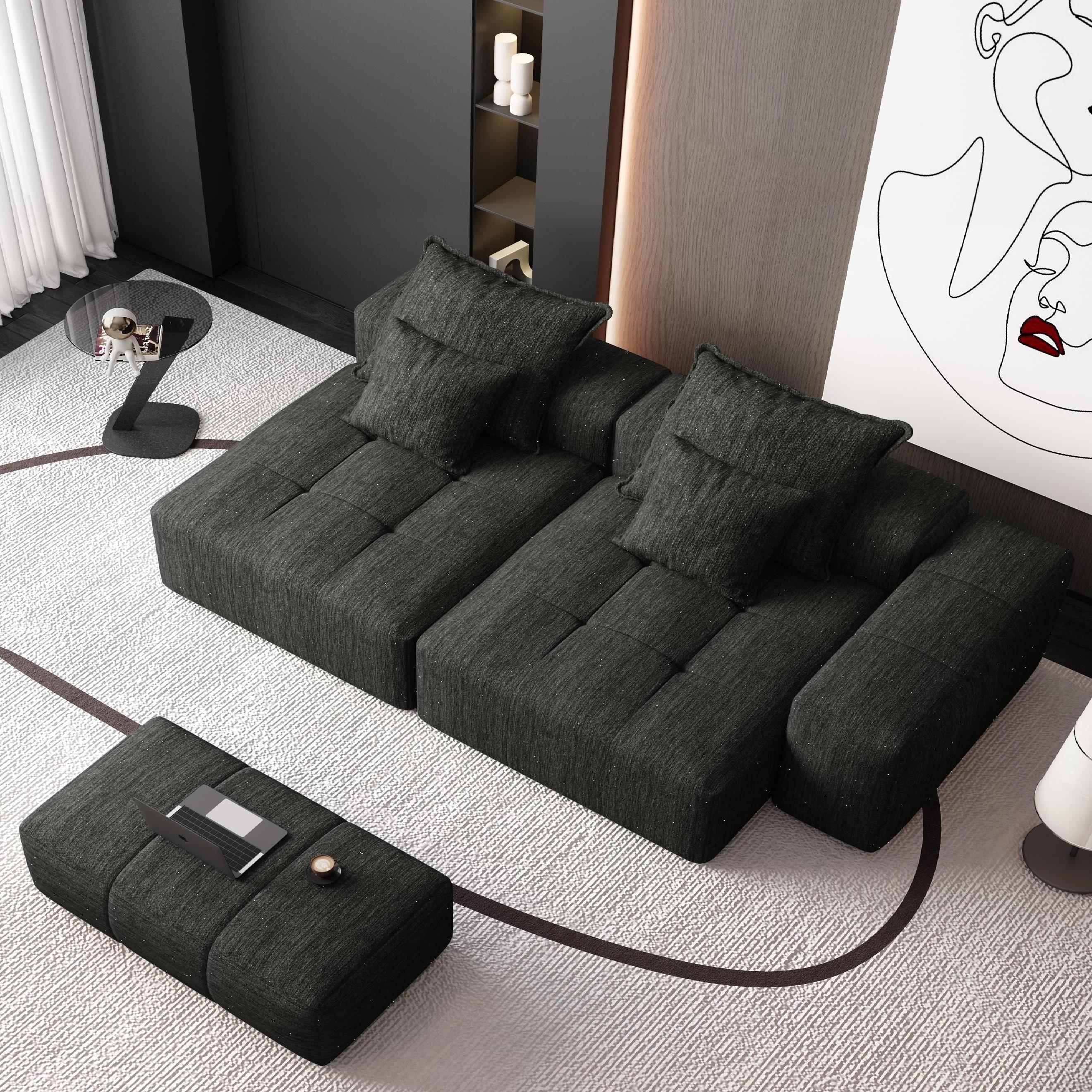 Modern Oversized Modular Sectional Sofa with 2 Chaise Lounge and 2 Armrest, Sparkling Chenille Fabric Soft Cushion Sofa with 4 Pillows, 4 PCS DIY Combination Tufted Sofa, No Assembly Required, BLACK