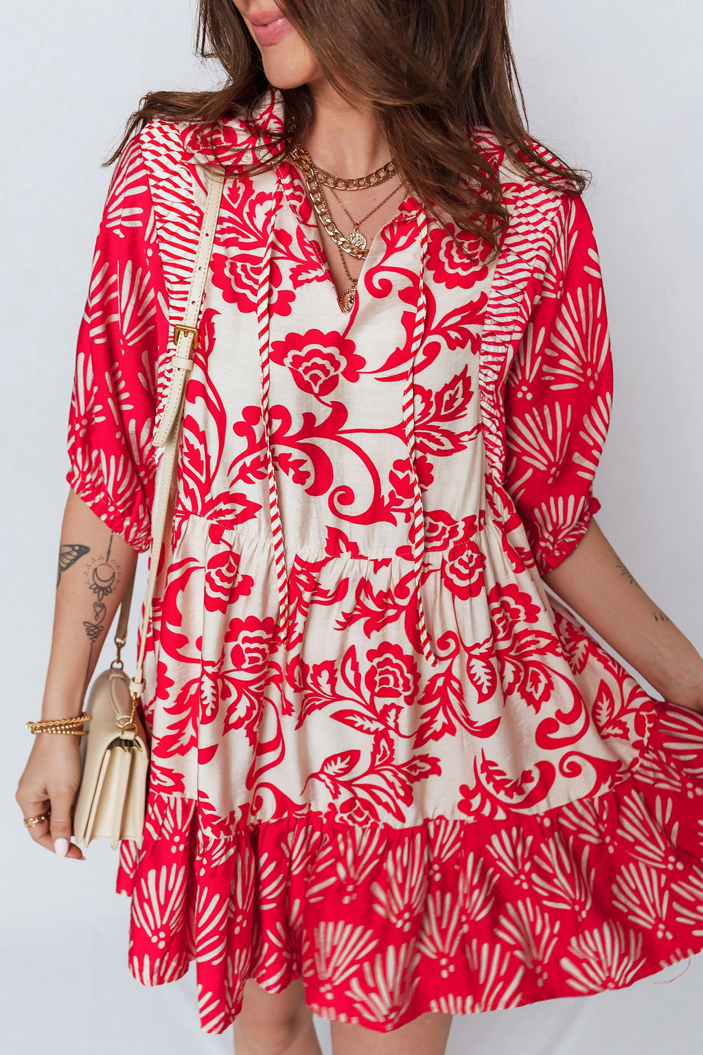 Flower V-Neck Half Sleeve Collar Mini Dress