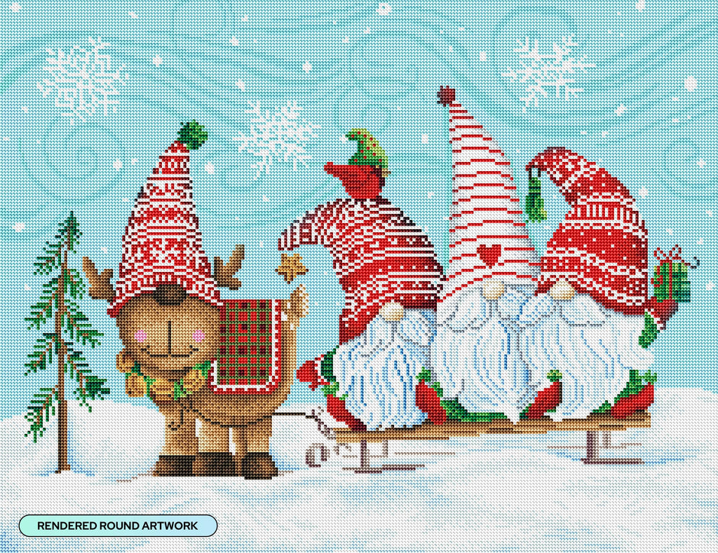 Diamond Art Club – Elf Gnome Trio with Reindeer Diamond Painting (Round Drill, 26" x 20")