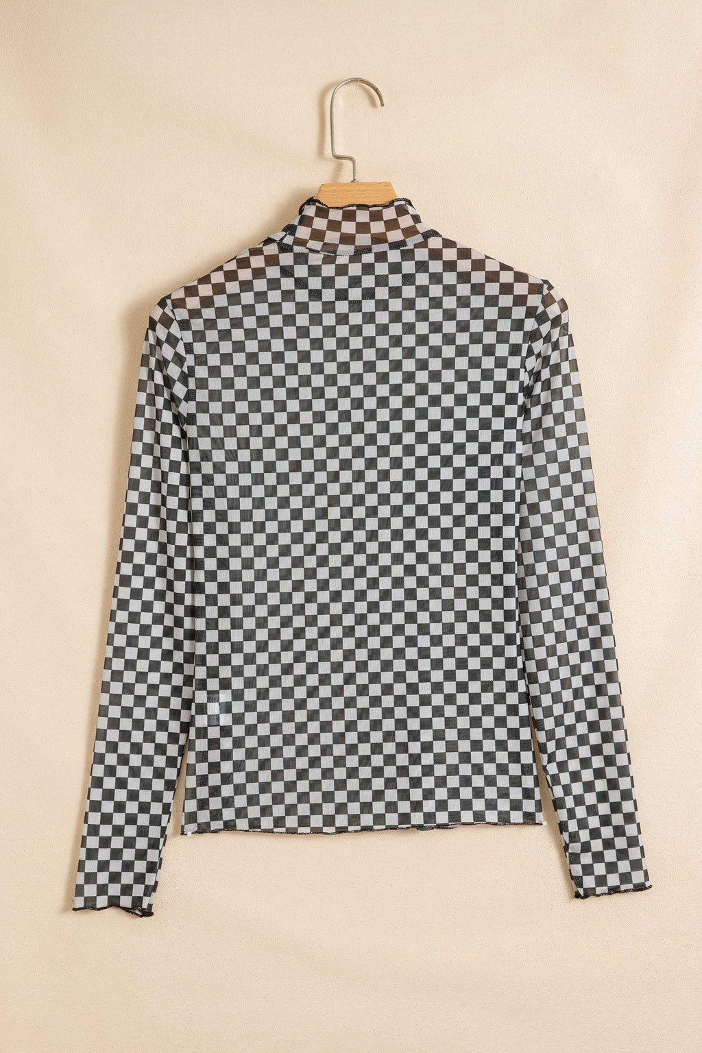 Checker Stand Neck Long Sleeve Mesh Top
