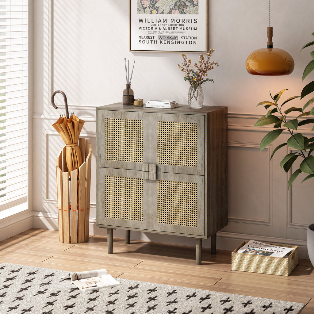 4-Doors Rattan Mesh Storage Cabinet, Sideboard with Eight Storage Spaces, for Entryway, Living Room, Hallway (Grey with Woodgrain)