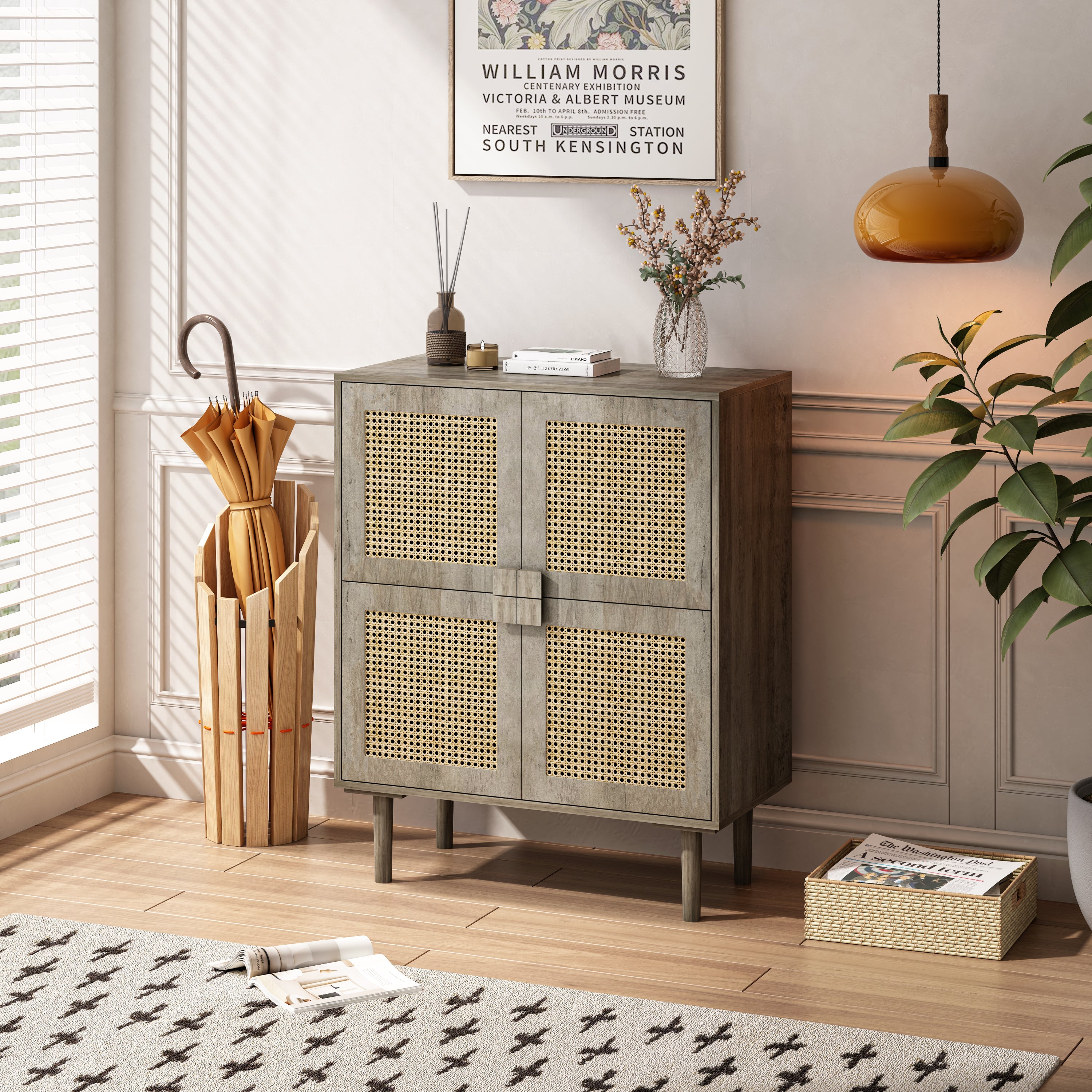 4-Doors Rattan Mesh Storage Cabinet, Sideboard with Eight Storage Spaces, for Entryway, Living Room, Hallway (Grey with Woodgrain)