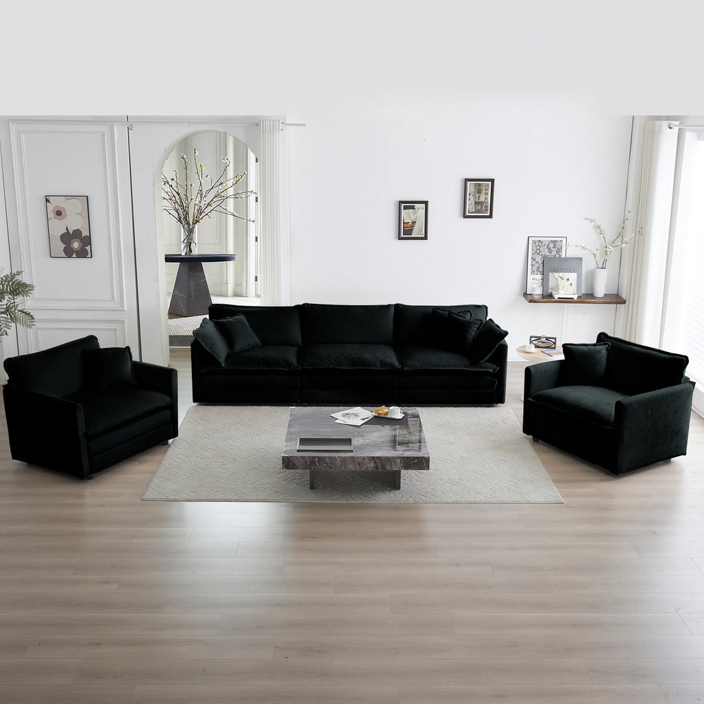 Sofa Set of 3, 1+1+3 Seats Living Room Sofa Set, Accent Chair, Loveseat, and Three-Seat Sofa Modern Style Round Arms 3 Piece Sofa Set, Black Chenille
