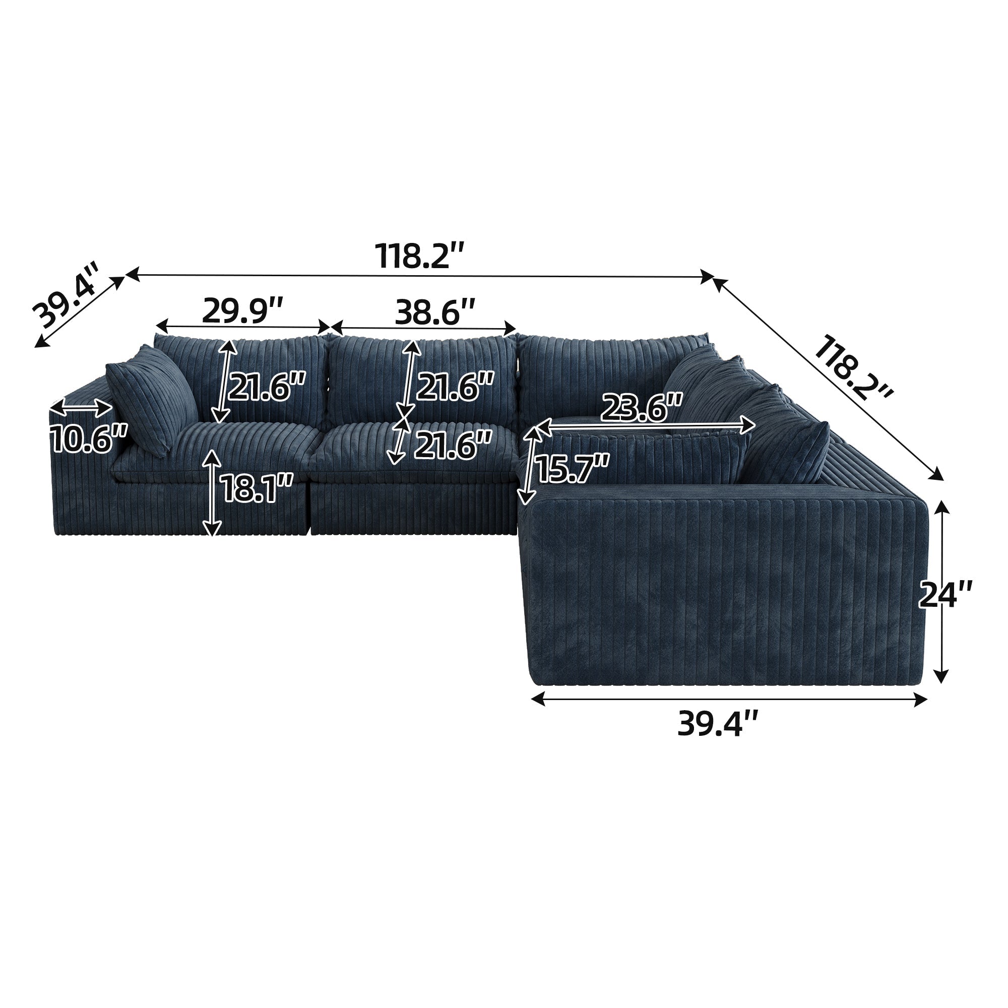 118.2' Cloud Sofa,Corduroy Fabric,Deep Seat Couches,Double-layer design,Removable Cushion,No Assembly, DIY Combination for Living room, Bedroom,Conference room ,Apartment,Blue