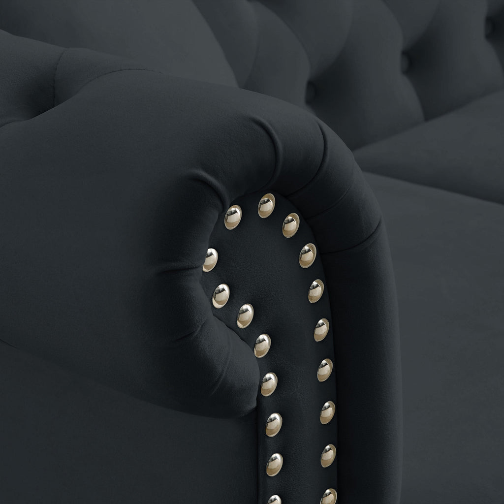 [Video] 80' Chesterfield Sofa Black Velvet for Living Room, 3 Seater Sofa Tufted Couch with Rolled Arms and Nailhead for Living Room, Bedroom, Office, Apartment, two pillows