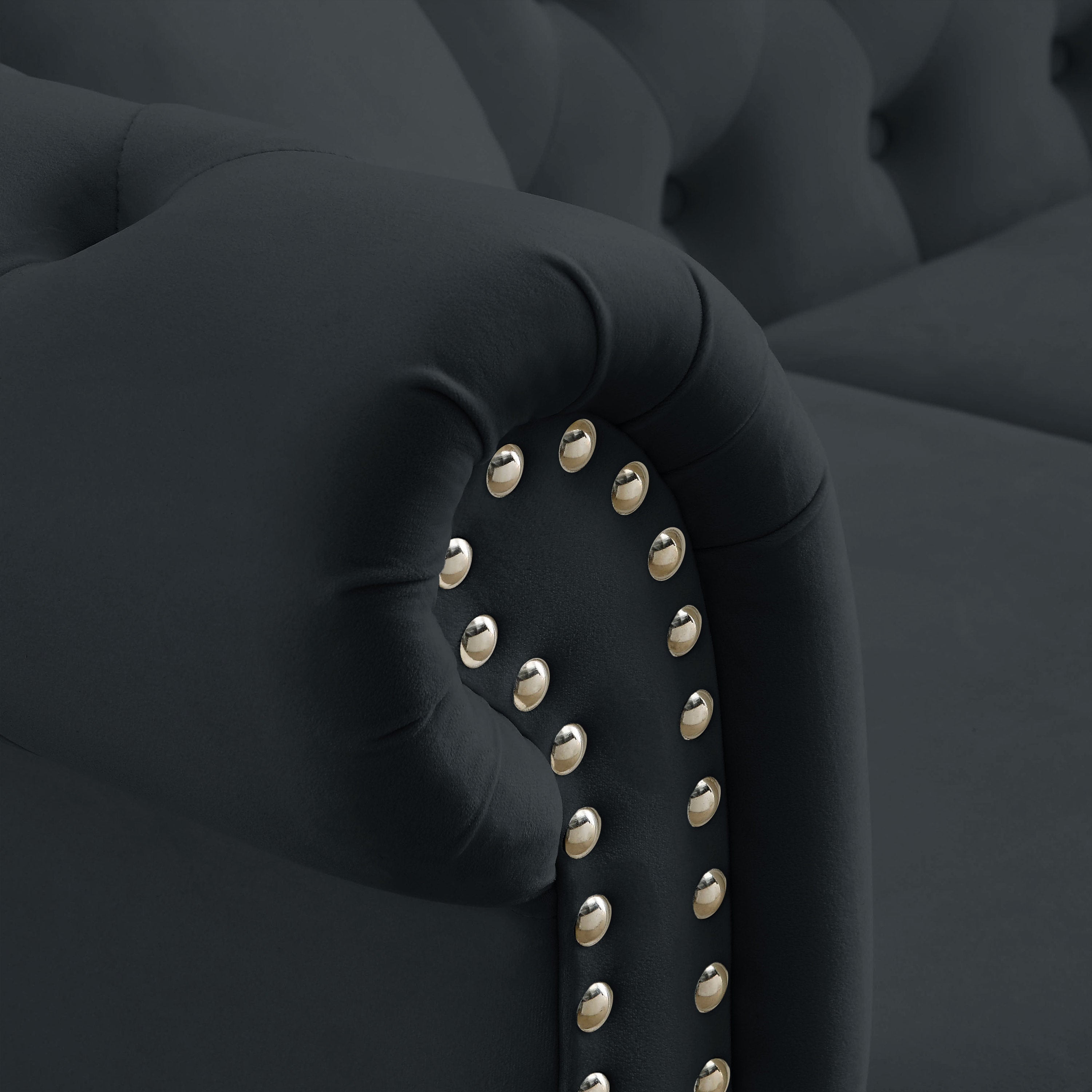 [Video] 80' Chesterfield Sofa Black Velvet for Living Room, 3 Seater Sofa Tufted Couch with Rolled Arms and Nailhead for Living Room, Bedroom, Office, Apartment, two pillows