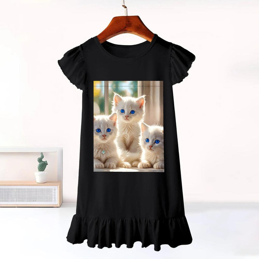 Fluffy White Kittens with Blue Eyes Flutter Sleeve Dress for Girls (Front Printing)