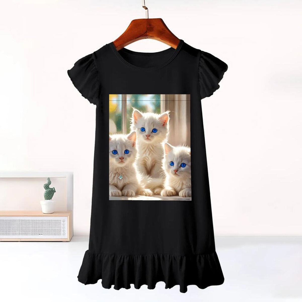 Fluffy White Kittens with Blue Eyes Flutter Sleeve Dress for Girls (Front Printing)