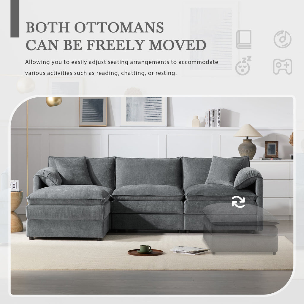 Chenille Modular Sectional Sofa with Deep and Wide Seat in Dark Gray, L Shaped Cloud Couch Set with Double Cushions, 4 Seat Sofa with Movable Ottoman