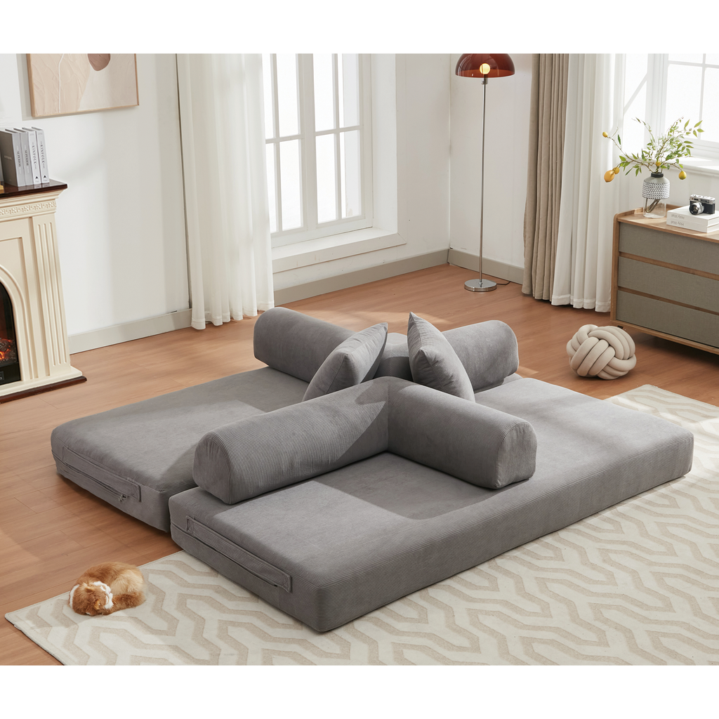 [NEW ARRIVED] [VIDEO PROVIDED] 78.5' Folding Convertible Out Sleeper Sofa Bed,4-in-1 DIY Combination Convertible Sofa,3 seat, Folding  Sofa, King Size , Bedroom,Apartment,Corduroy,Gray