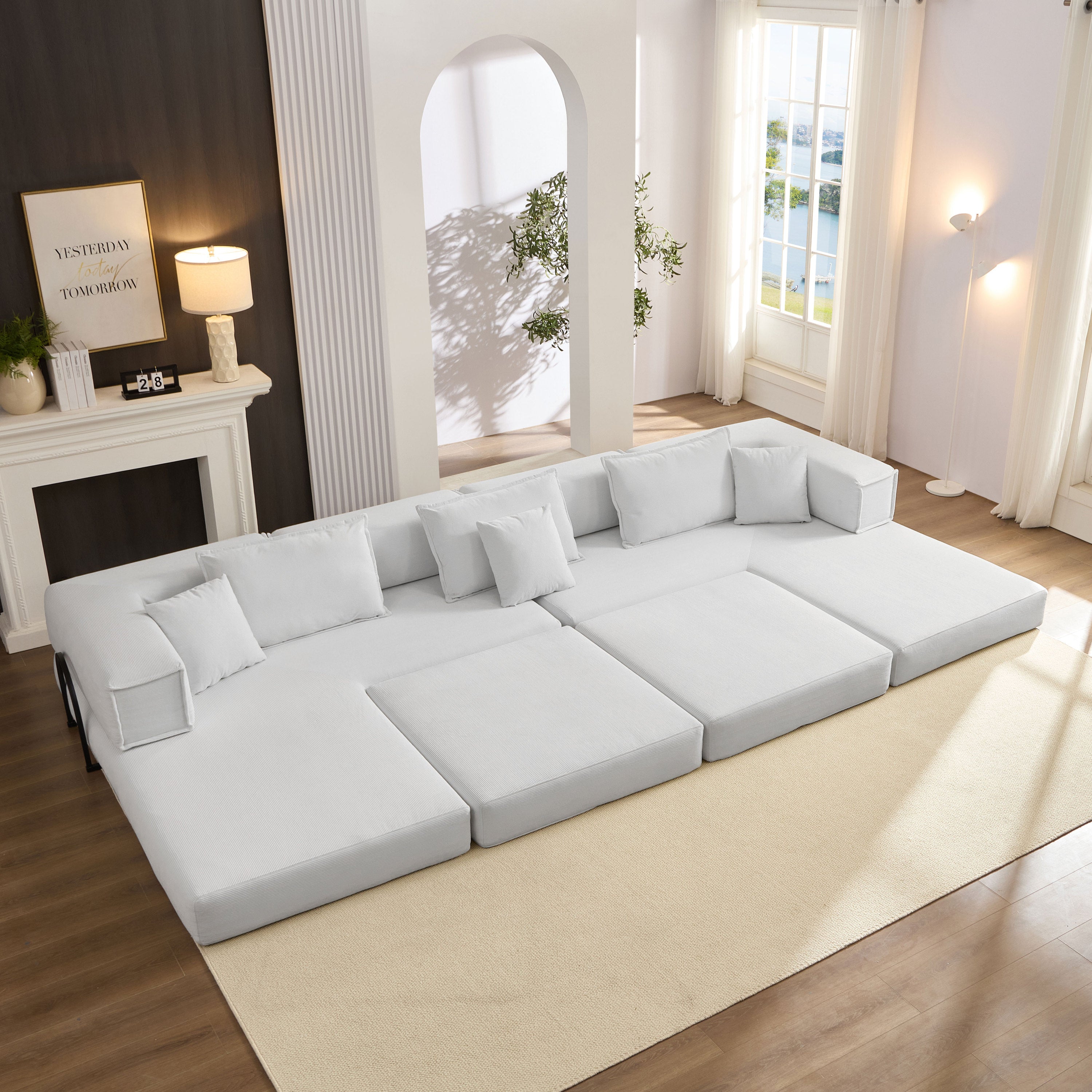 Oversized Upholstered Sectional Sofa Couch Set, Modular 118.2 ' L Shaped Floor Living Room Sofa Set With 6 Pillows, DIY Combination Sofa Couch for living rooms, apartments,bedrooms, White