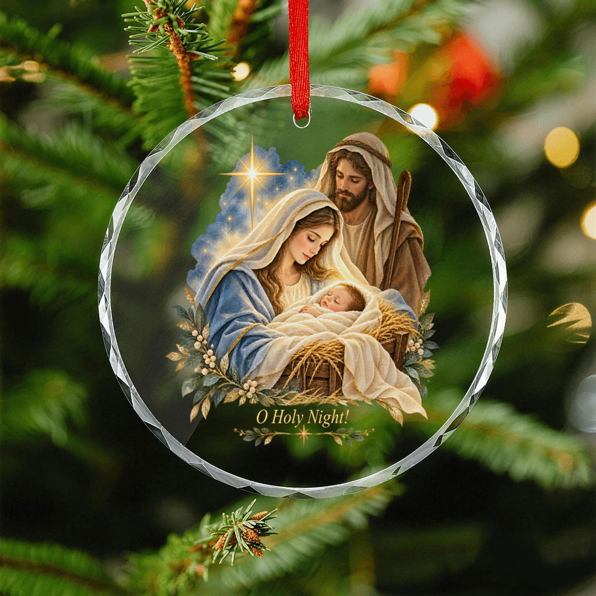 O Holy Night Baby Jesus Round Glass Christmas Ornament