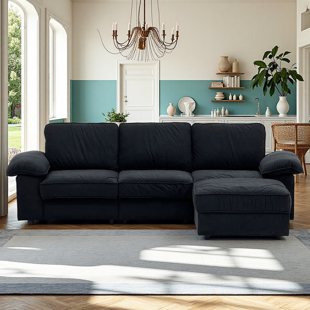 FX-P20M-3S0-BK (3S&Ottoman SOFA)105.5inch Upholstered L-Shaped Sectional Sofa with Storage , Modern Fabric Couch with Deep Cushions, Space-Saving Sofa for Apartment & Living Room