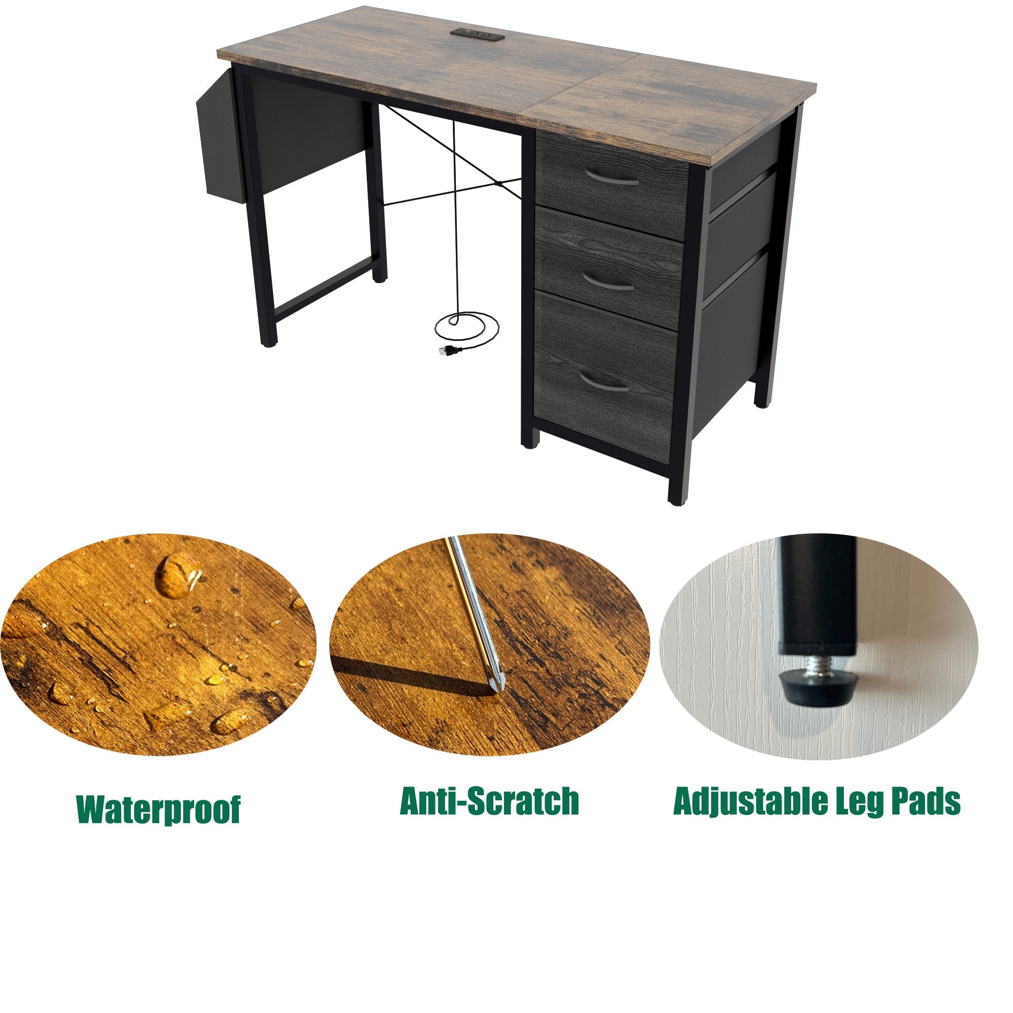 47.3'office desk with power outlet,3drawers and Side Pocket, Easy to Assemble,Frame stability Reversible for Home Office Study,Rustic Brown