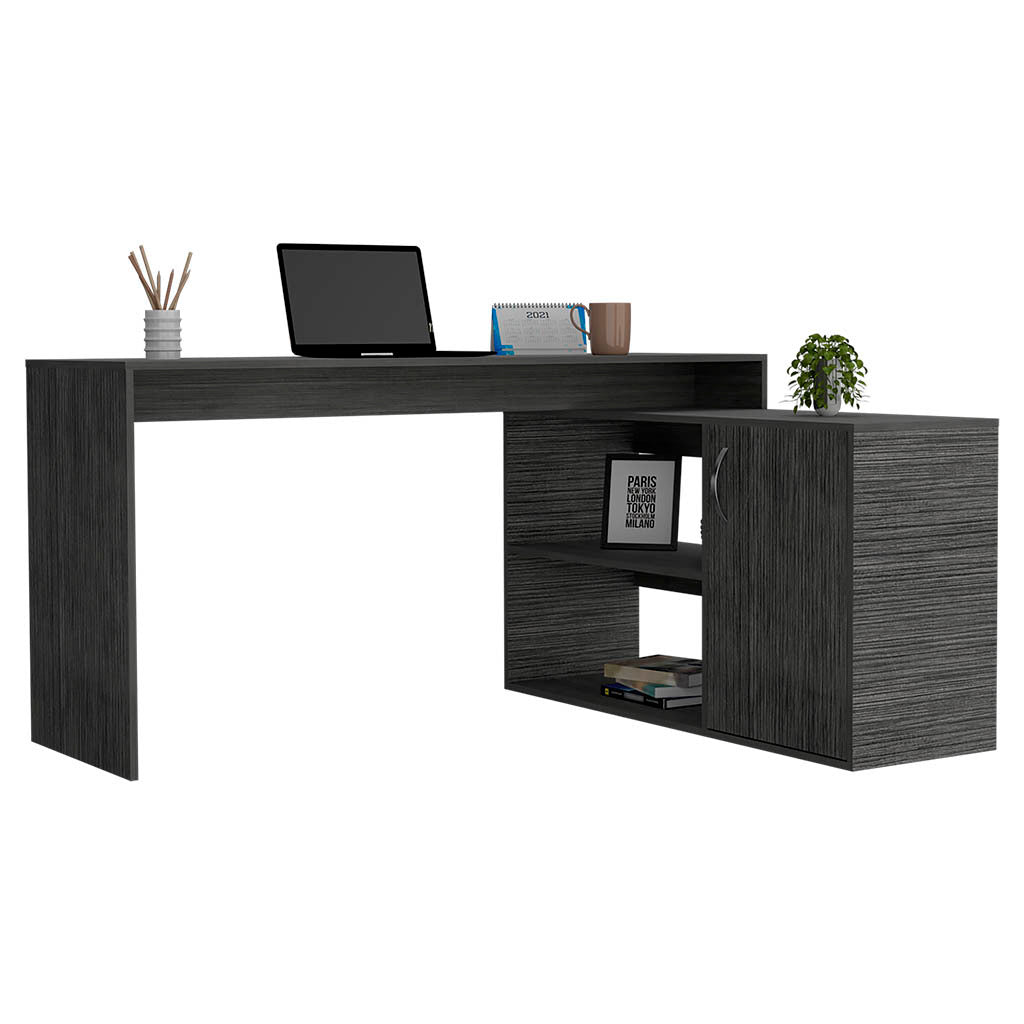 Dallas L-Shaped Home Office Desk, Two Shelves, Single Door Cabinet