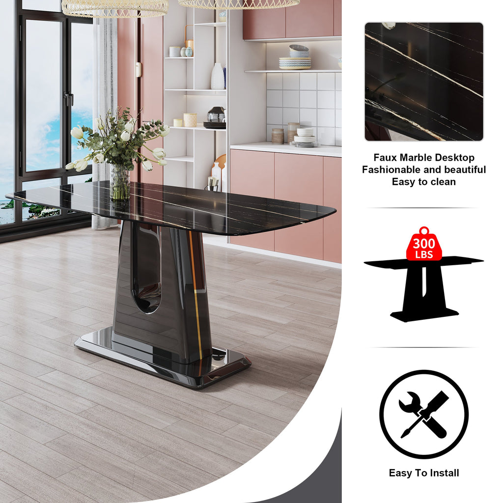 A modern, minimalist, and luxurious table. A black imitation marble tabletop with MDF U-shaped legs. Dining table, computer table. For restaurants and living rooms 63' * 35.4'* 30' F-U