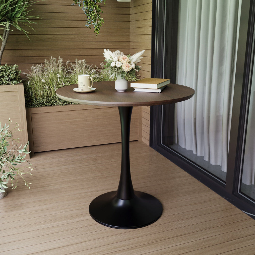 Mid-Century Round Dining Table, Walnut Color, MDF Table Top & Pedestal Base, 31.5 Inches