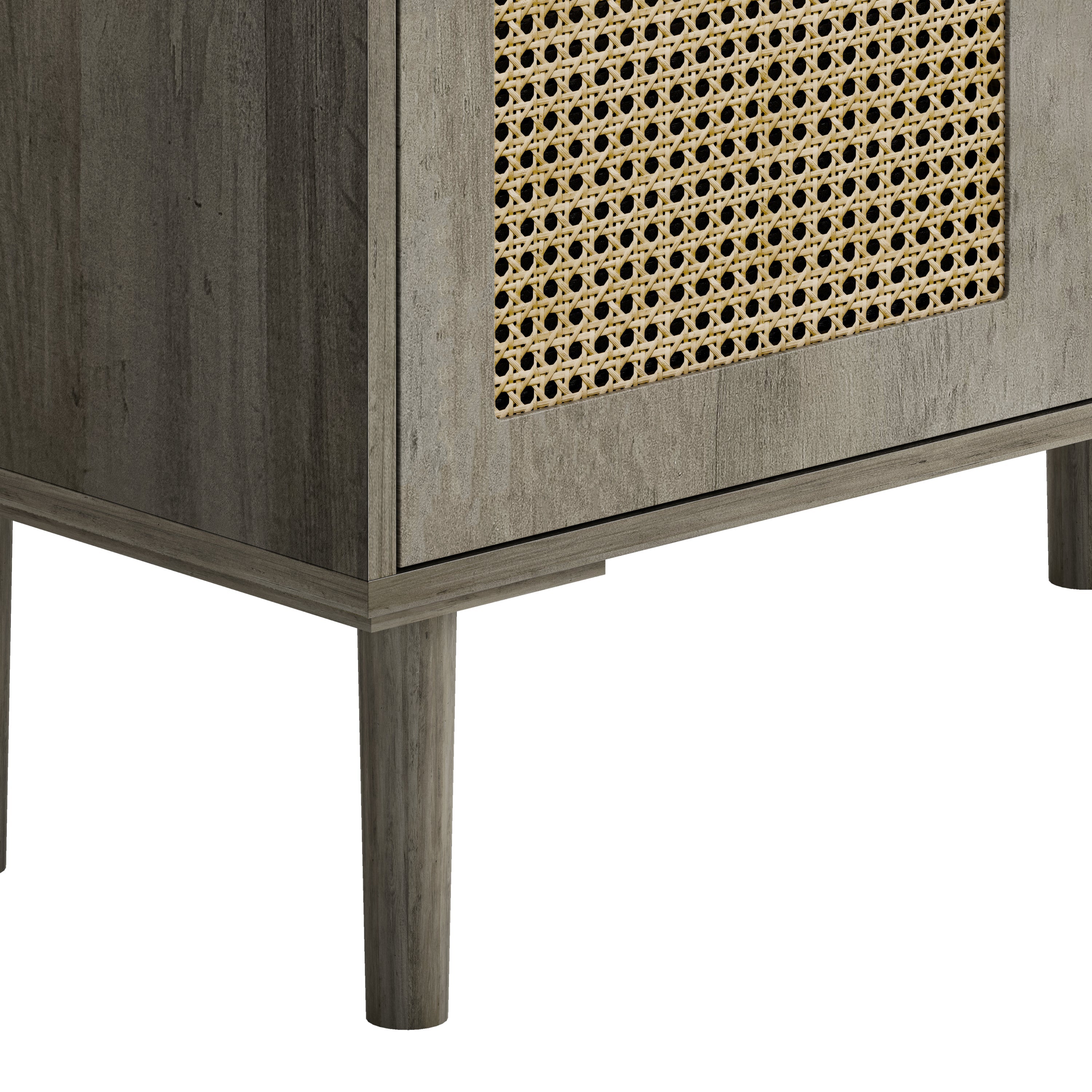 4-Doors Rattan Mesh Storage Cabinet, Sideboard with Eight Storage Spaces, for Entryway, Living Room, Hallway (Grey with Woodgrain)