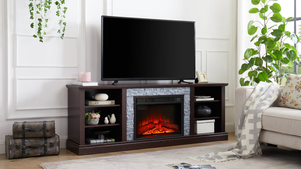 Large TV Desk Storage Rack with Faux Stacked Stone Surround,Media Console Table with Large Storage Cabinet,Modern  TV Media Stand with 23' Fireplace Insert,Cherry, 70.12'W*15.35'D*25.83'H