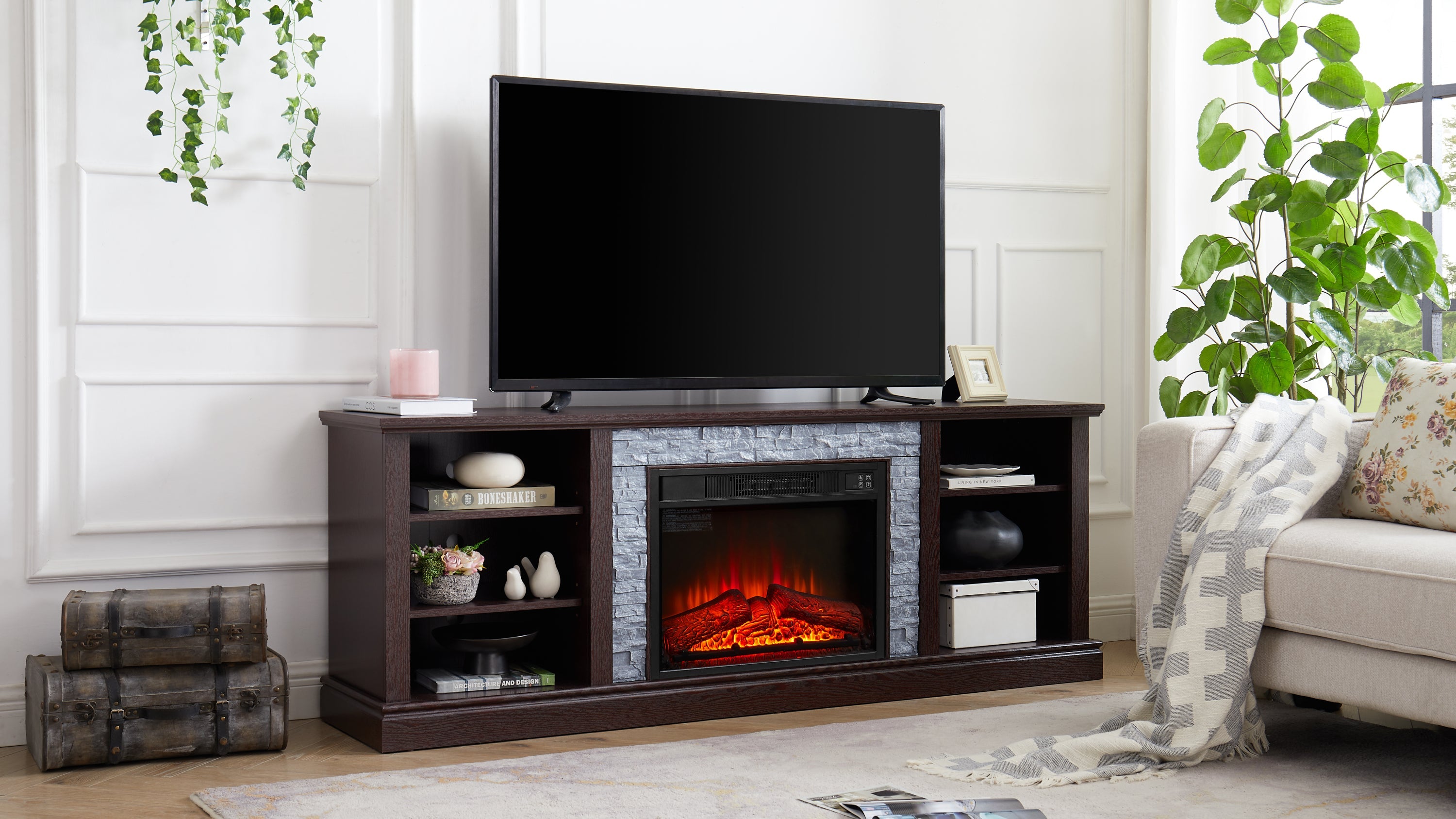 Large TV Desk Storage Rack with Faux Stacked Stone Surround,Media Console Table with Large Storage Cabinet,Modern  TV Media Stand with 23' Fireplace Insert,Cherry, 70.12'W*15.35'D*25.83'H