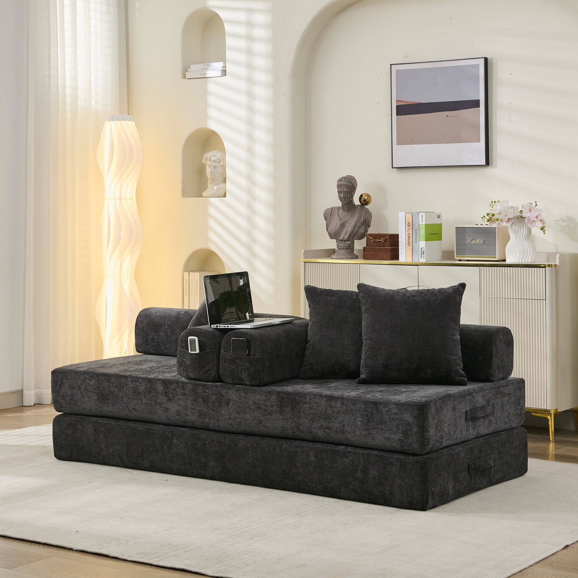 Comfy Convertible Folding Mattress Couch, Floor Sofa Bed, Chenille Floor Sofa with Armrest, Floor Sofa Lounge Couch for Living Room Bedroom Lounge Studio-Black