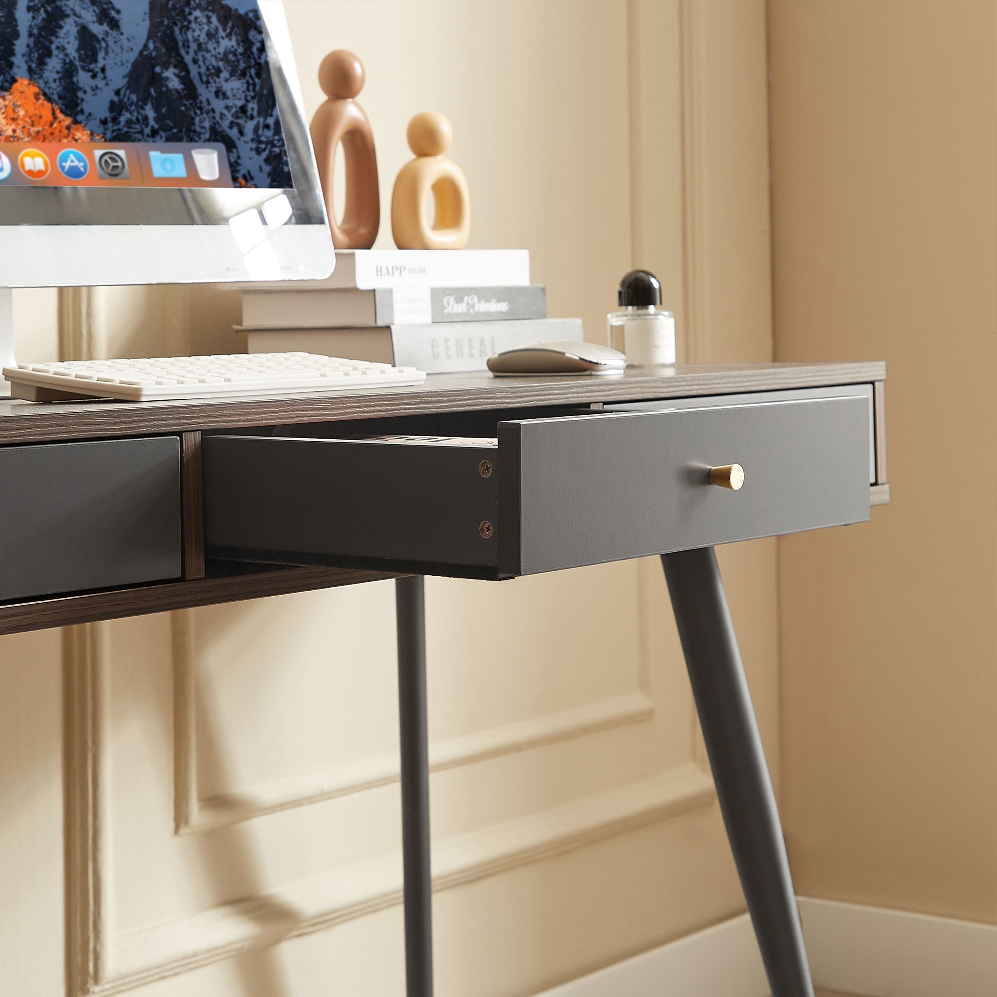Mid Century Desk , Modern Writing Study Desk with Drawers, Multifunctional Home Office Computer Desk Walnut+Dark Grey