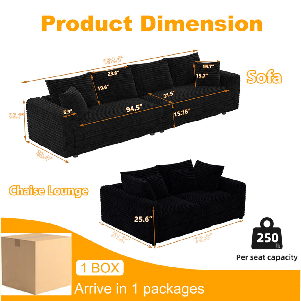 104.3 ' Plush Corduroy 4-Seat Sofa, Modern Comfy Upholstered Sofa Cloud Couch, Deep Seat Couches with Soft Pillows and 2 Ottomans, Convertible Sofa Lounge Chair, for Living Room,Apartment,Office,Black