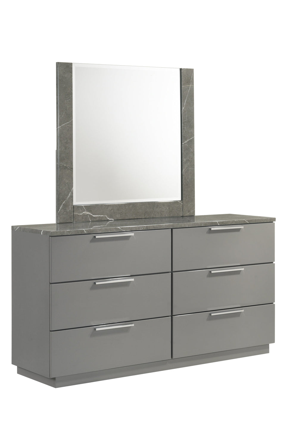 Elara Queen 5-Piece Set – Two-Tone High-Gloss Marble & Lacquer Finish with LED Lighting, Metal-Finished Legs, Spacious Storage- Gray (NJ Inventory)