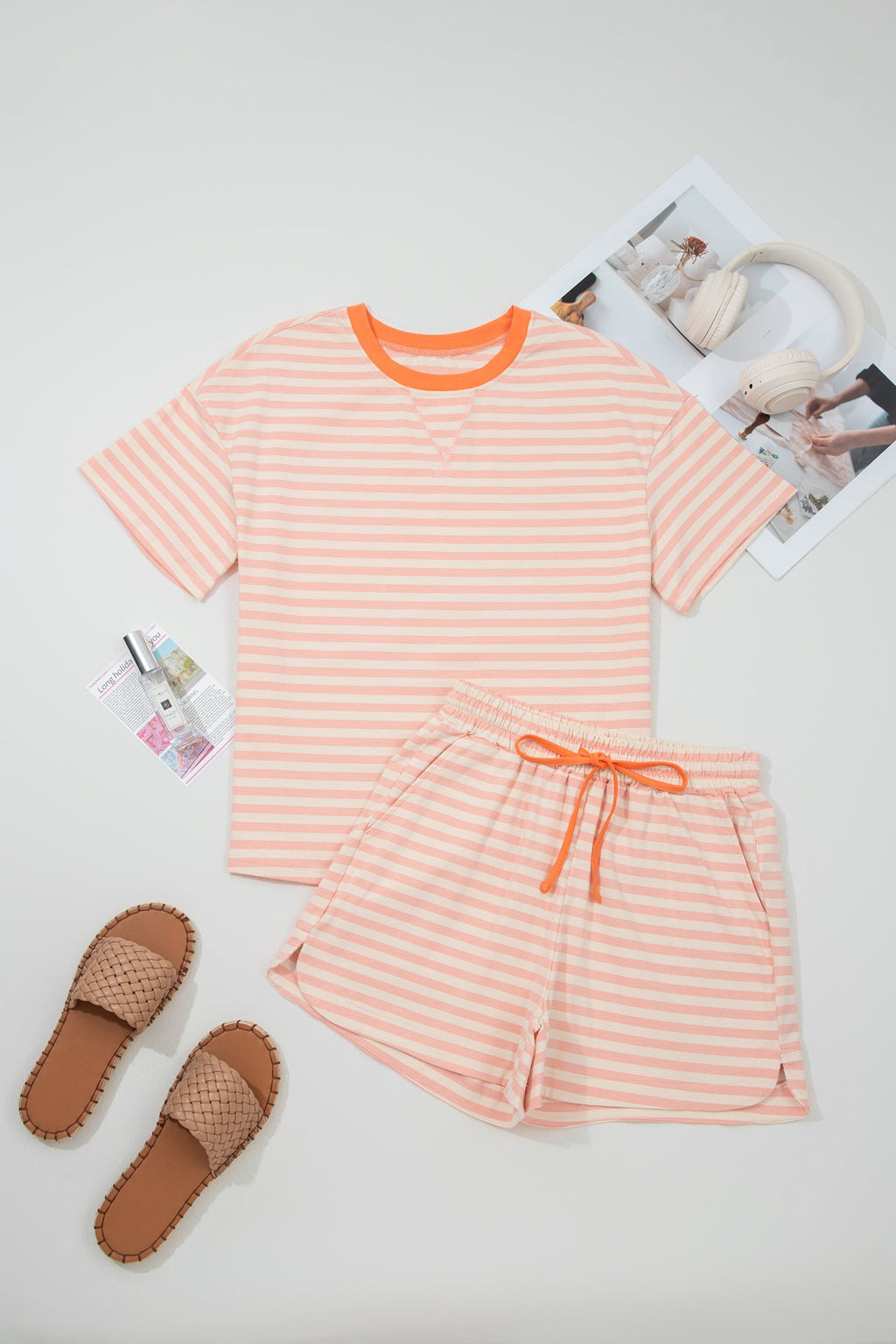 Stripe Contrast Trim Tee & Drawstring Shorts Set