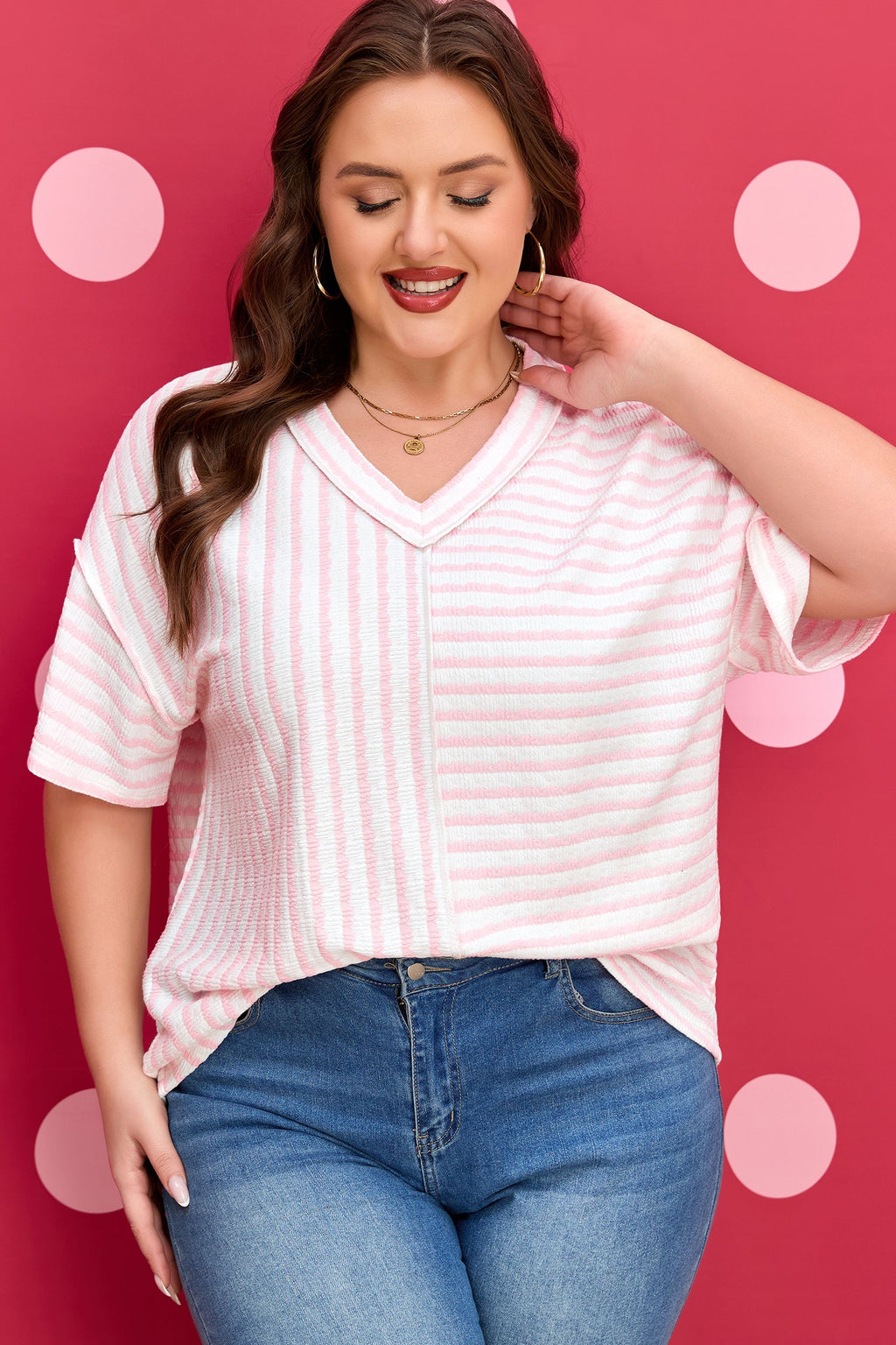 Plus Size Stripe Patchwork V-Neck T-Shirt