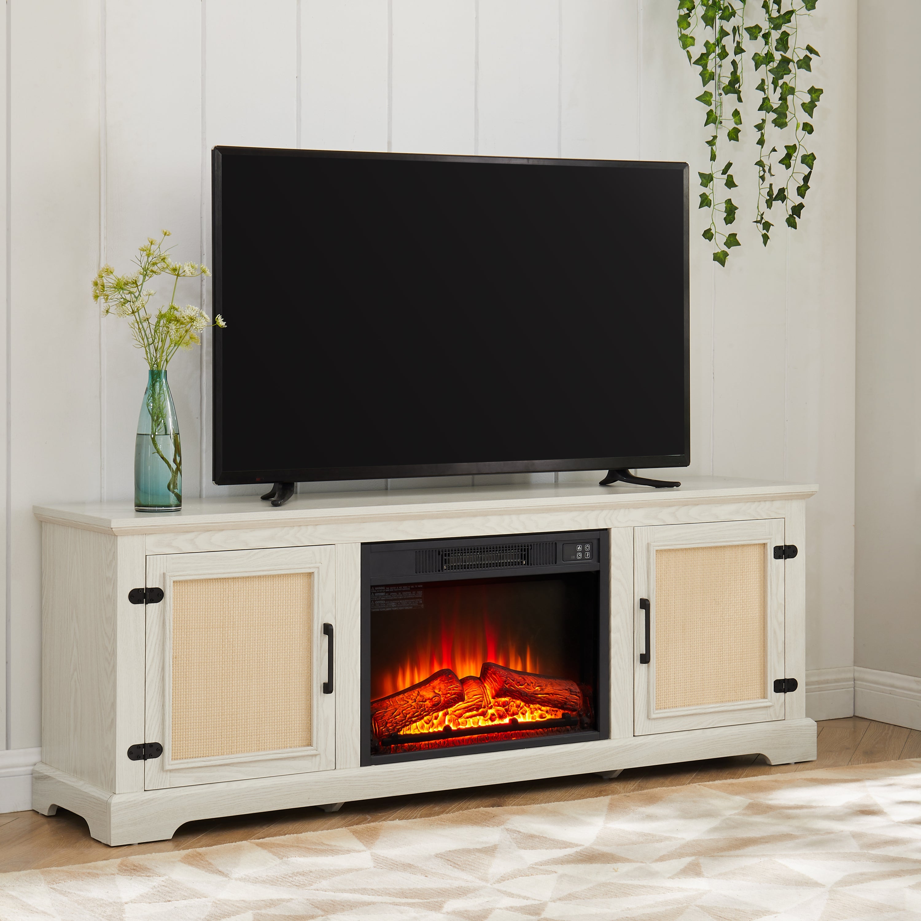 Natural Rattan Door Cabinet with Adjustable Shelf Wood, Farmhouse Rattan TV Stand Console Table for TVs up to 70 Inches, Storage tv stand with 23' fireplace insert, 65'W*15.55'D*23.86'H, White
