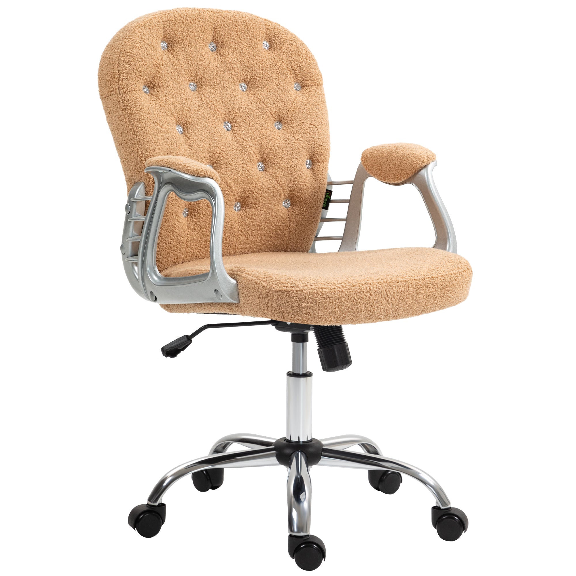 Vinsetto Teddy Fleece Home Office Chair, Button Tufted Desk Chair with Padded Armrests, Adjustable Height and Swivel Wheels, Khaki