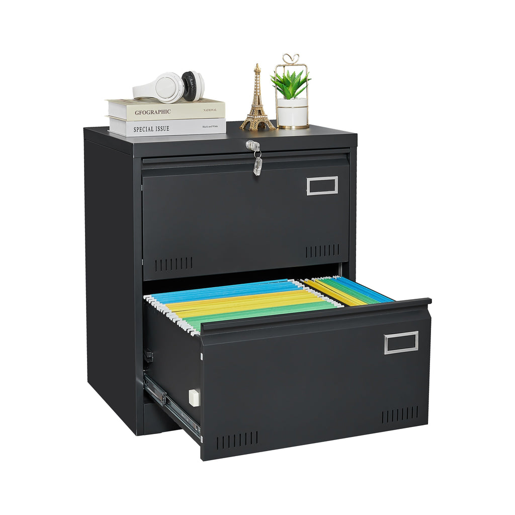 Modern Black Metal 2 Drawer Lateral File Cabinet with Lock for Home Office Use